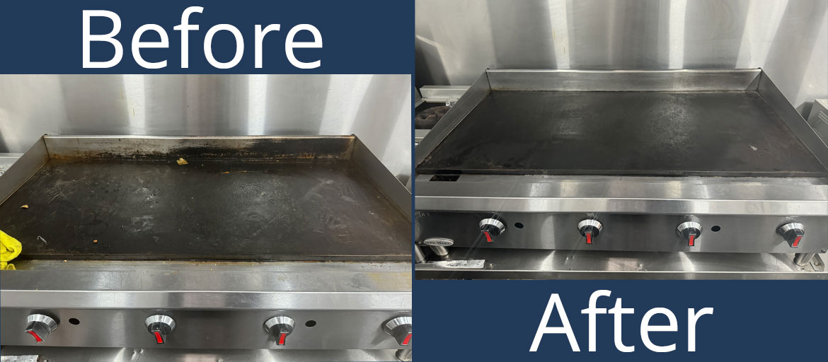 dirty commercial grill before and clean commercial grill after